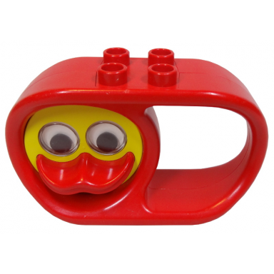 red duplo rattle teether oval 2 x 6 x 3 with handle and turning yellow duck face with red beak and rattling eyes