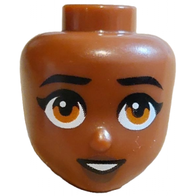 reddish brown mini doll head friends with black eyebrows and eyelashes dark orange eyes umber lips open mouth smile with teeth pattern