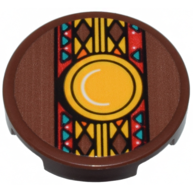 reddish brown tile round 2 x 2 with bottom stud holder with red orange reddish brown dark turquoise table cloth and bright light orange round plate pattern sticker - set 40583