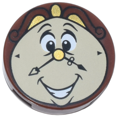 reddish brown tile round 2 x 2 with bottom stud holder with smiling tan clock face gold nose and trim black hands and scrolls open mouth with teeth pattern cogsworth