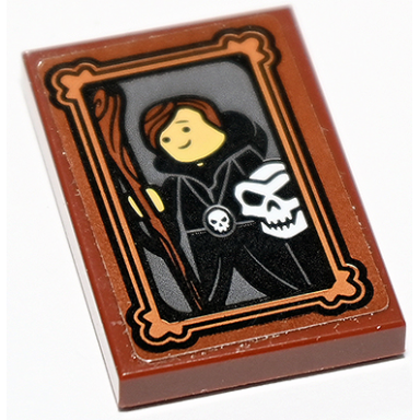 reddish brown tile 2 x 3 with portrait of sorcerer minifigure in black cloak with wooden staff and white skull pattern sticker - set 71722