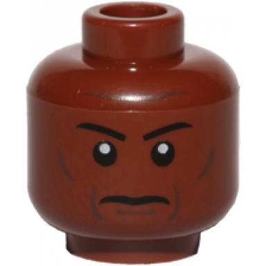 reddish brown minifigure head black eyebrows dark brown small cheek lines jowl lines chin dimple and forehead crease stern pattern