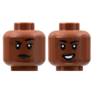 reddish brown minifigure head dual sided female black eyebrows dark brown lips raised right eyebrow smile with teeth pattern