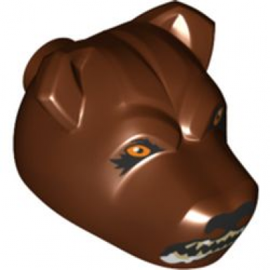 reddish brown dog head with black nose bright light orange eyes snarling mouth with foam pattern hp fluffy right head