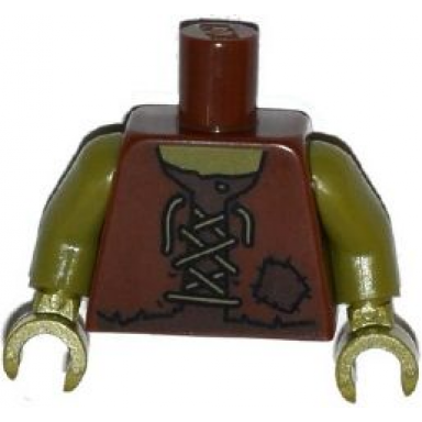 reddish brown torso vest tattered with laces and patch over dark brown shirt pattern olive green arms olive green hands