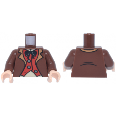 reddish brown torso jacket open medium nougat lapels red vest dark bluish gray buttons bright light yellow shirt black bow tie pattern reddish brown arms light nougat hands