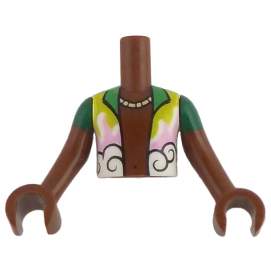 reddish brown torso mini doll boy bright green bright pink lime and white shirt open and necklace pattern reddish brown arms with hands with green short sleeves