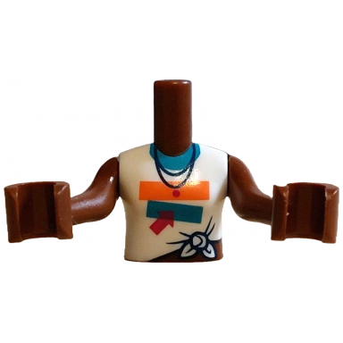 reddish brown torso mini doll girl white knotted sleeveless shirt with coral and dark turquoise panels and collar magenta arrow and dot dark blue necklace with bow on back pattern reddish brown arms with hands