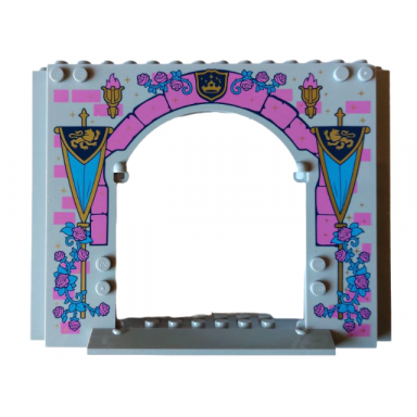 light bluish gray panel 4 x 16 x 10 with dark pink bricks roses and flames torches dark azure vines and gold lions on dark blue banners pattern