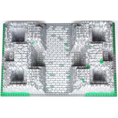 baseplate raised 32 x 48 x 6 with 4 corner pits with dark bluish gray and light bluish gray rock pattern