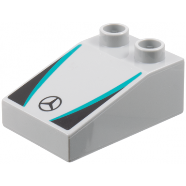 light bluish gray duplo brick 3 x 2 slope 33 with mercedes logo dark turquoise stripes black triangles pattern