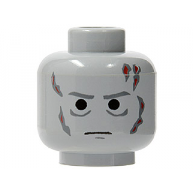 light bluish gray minifigure head dark bluish gray eyebrows bags under eyes chin dimple and scars red burns stern pattern