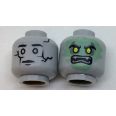 light bluish gray minifigure head dual sided alien cracked statue sand green ghost face with scowl and fangs pattern