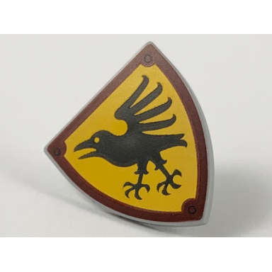 light bluish gray minifigure shield triangular short with black crow raven on bright light orange background and dark red border pattern