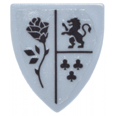 light bluish gray minifigure shield triangular short with crest black rose with thorns lion and clubs pattern sticker - set 43263