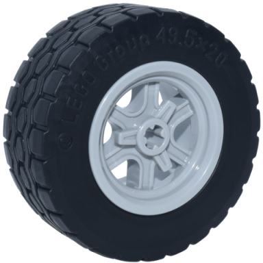 light bluish gray wheel 30.4mm d x 20mm with axle hole 6 curved spokes and spinner cap with black tire 49.5 x 20 7301 15413