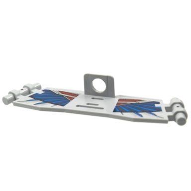 light bluish gray minifigure wings clipped with bar handles on ends with silver dark red and dark blue details pattern