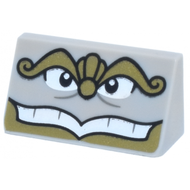 light bluish gray slope 30 1 x 2 x 2 3 with gold eyebrows nose and beard black and white eyes open mouth smile with teeth pattern chef bouche face