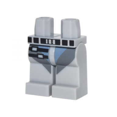 light bluish gray hips and legs with sand blue and dark bluish gray straps black belt and 2 black straps with silver buckles pattern