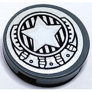 dark bluish gray tile round 2 x 2 with bottom stud holder with silver engine black grille and white star in circle pattern sticker - set 70429