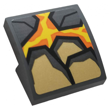 dark bluish gray slope curved 2 x 2 x 2 3 with dark bluish gray and pearl gold rock orange and yellow lava pattern sticker - set 76128