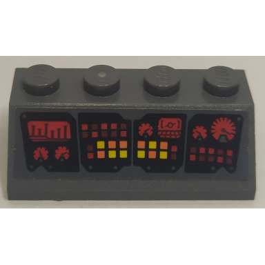 dark bluish gray slope 45 2 x 4 with black control panel with red orange and yellow buttons and lights head-up display hud and gauges pattern sticker - set 76087
