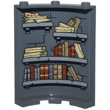 dark bluish gray cylinder quarter 4 x 4 x 6 with brick wall with black mortar light bluish gray bookshelves scrolls and books pattern sticker - set 10333