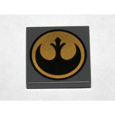 dark bluish gray tile 2 x 2 with black sw rebel alliance symbol on gold circle pattern