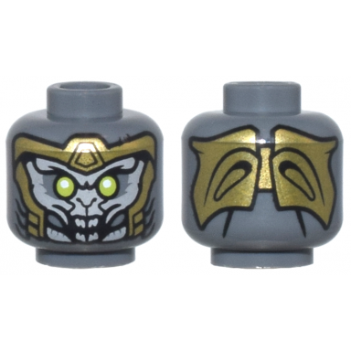 dark bluish gray minifigure head alien with lime eyes light bluish gray face gold armor and open mouth with teeth pattern