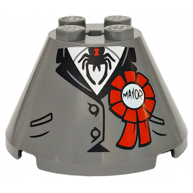 dark bluish gray cone 4 x 4 x 2 with axle hole with jacket with buttons and pockets over white shirt black spider and mayor on red award ribbon pattern