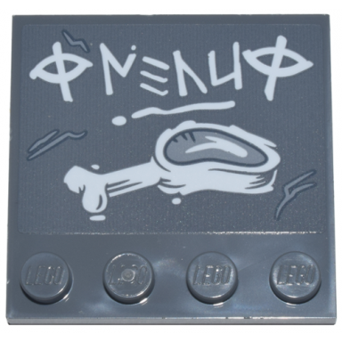 dark bluish gray tile modified 4 x 4 with studs on edge with stylized white menu and meat steak on bone pattern sticker - set 10333