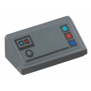 dark bluish gray slope 30 1 x 2 x 2 3 with control panel with medium azure red and blue buttons and black line pattern sticker - set 77073