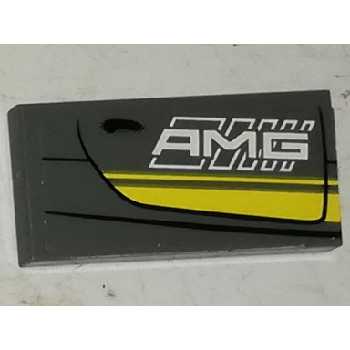 dark bluish gray tile 2 x 4 with double yellow stripes and white amg on dark bluish gray background pattern model right side sticker - set 75877