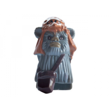 dark bluish gray minifigure head modified sw ewok with medium nougat skull hat and dark brown pouch pattern