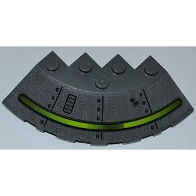 dark bluish gray brick round corner 6 x 6 with slope 33 edge facet cutout with alien ship dark gray pattern and 2 bullet holes sticker - set 7052