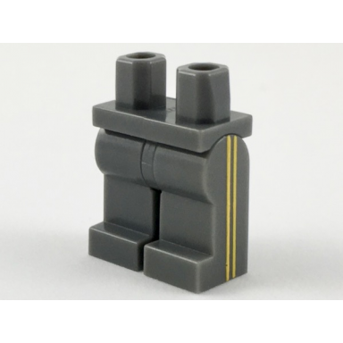 dark bluish gray hips and legs with 2 yellow vertical stripes on side pattern