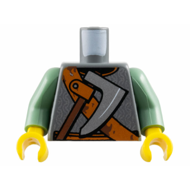 dark bluish gray torso viking chain mail dark orange belt and shoulder strap silver axe with reddish brown handle pattern sand green arms yellow hands