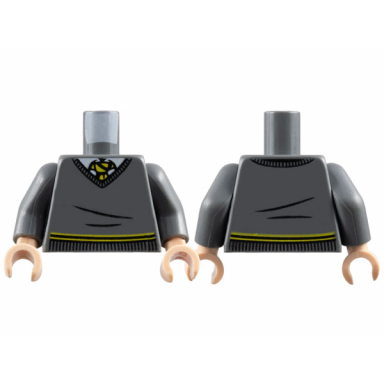 dark bluish gray torso v-neck sweater with waistband over white shirt with collar yellow and black tie pattern dark bluish gray arms light nougat hands