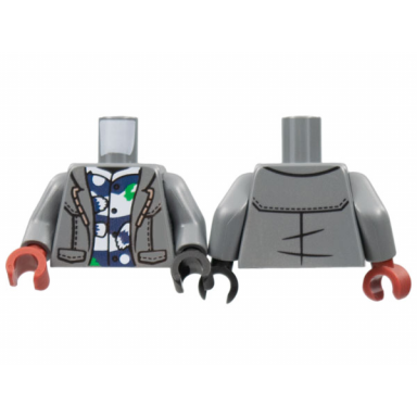 dark bluish gray torso jacket open over dark blue and white shirt pattern dark bluish gray arms black hand left dark red hand right