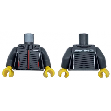dark bluish gray torso racing jacket with black trim and stripes red zipper and pockets and white amg logo on back pattern dark bluish gray arms yellow hands