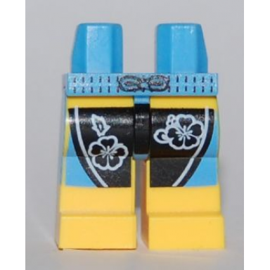 medium blue hips and yellow legs with black and medium blue board shorts with flowers pattern