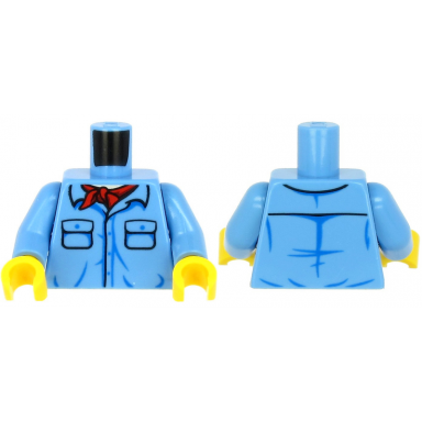 medium blue torso shirt with 2 pockets with blue buttons red bandana light nougat neckline pattern medium blue arms yellow hands