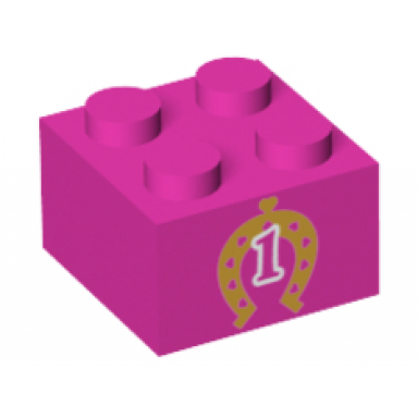 dark pink brick 2 x 2 with gold horseshoe with hearts and white number 1 outline pattern