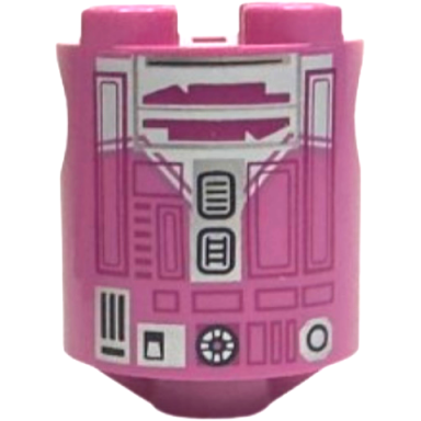 dark pink brick round 2 x 2 x 2 robot body with white panel magenta lines and rectangles and black and silver droid details pattern qt-kt
