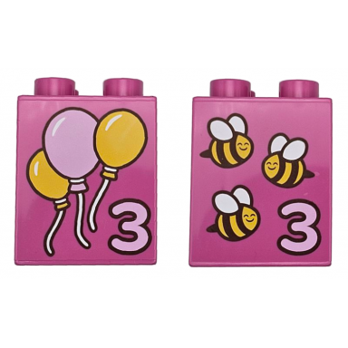 dark pink duplo brick 2 x 2 x 2 with number 3 and yellow and bright pink balloons bees with dark brown stripes and white wings pattern
