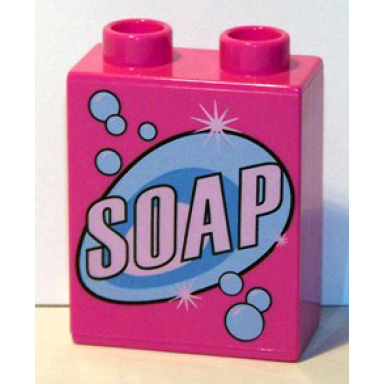 dark pink duplo brick 1 x 2 x 2 with soap text pattern