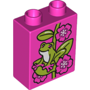 dark pink duplo brick 1 x 2 x 2 with frog and flowers pattern