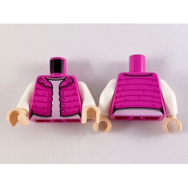 dark pink torso female puffy coat open with magenta gathers and silver buttons over white shirt with light bluish gray collar pattern white arms light nougat hands