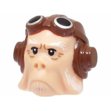light nougat minifigure head modified sw ugnaught kuiil with white eyebrows and beard and reddish brown aviator cap with goggles pattern