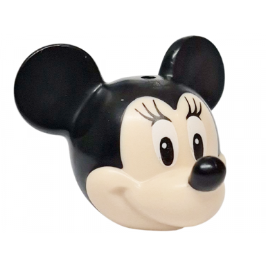 light nougat minifigure head modified mouse with molded black top and ears and printed nose white eyes looking right with eyelashes pattern minnie